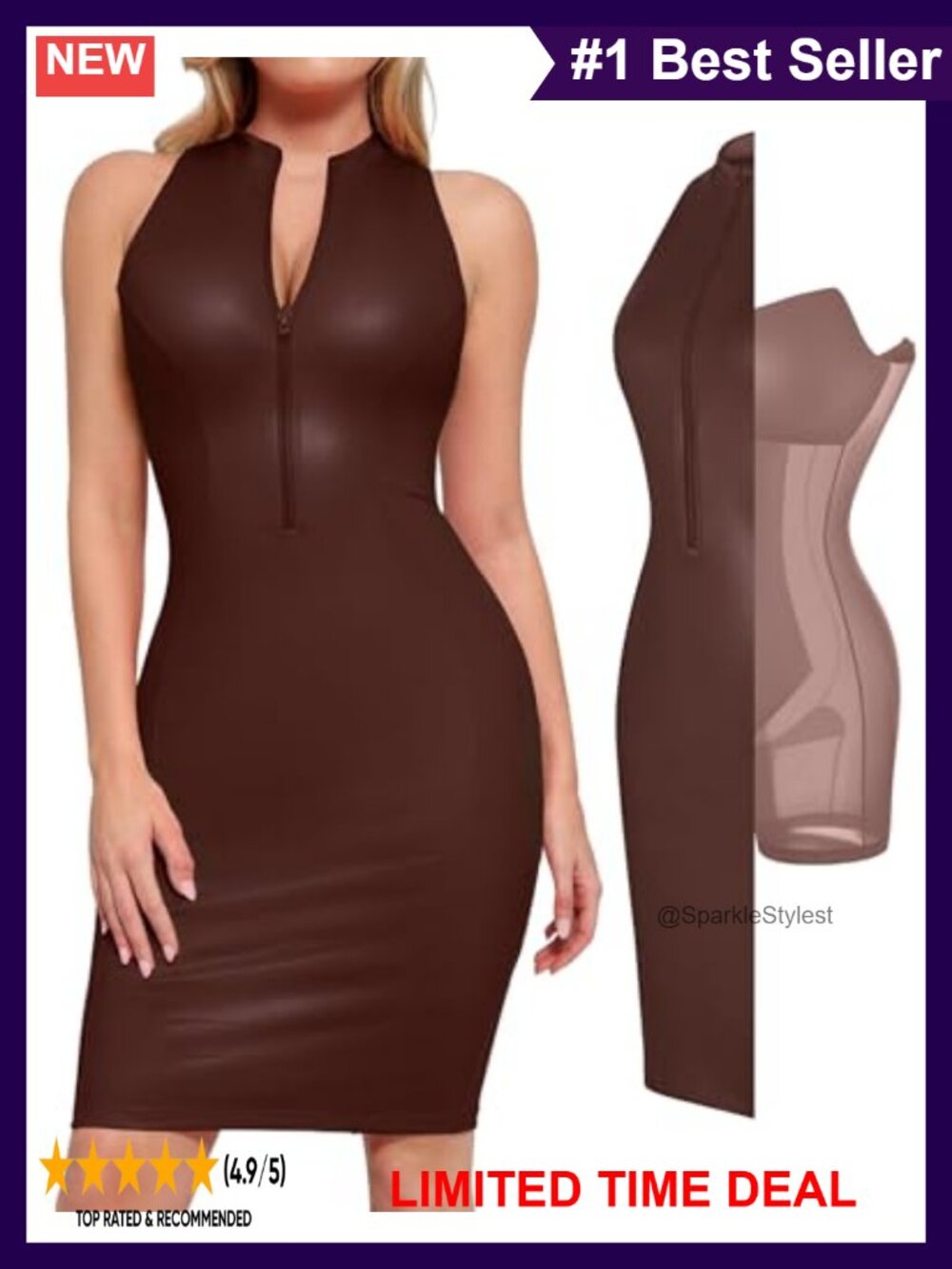 Faux Leather Bodycon Zipper Midi Dress Shapewear Party Club